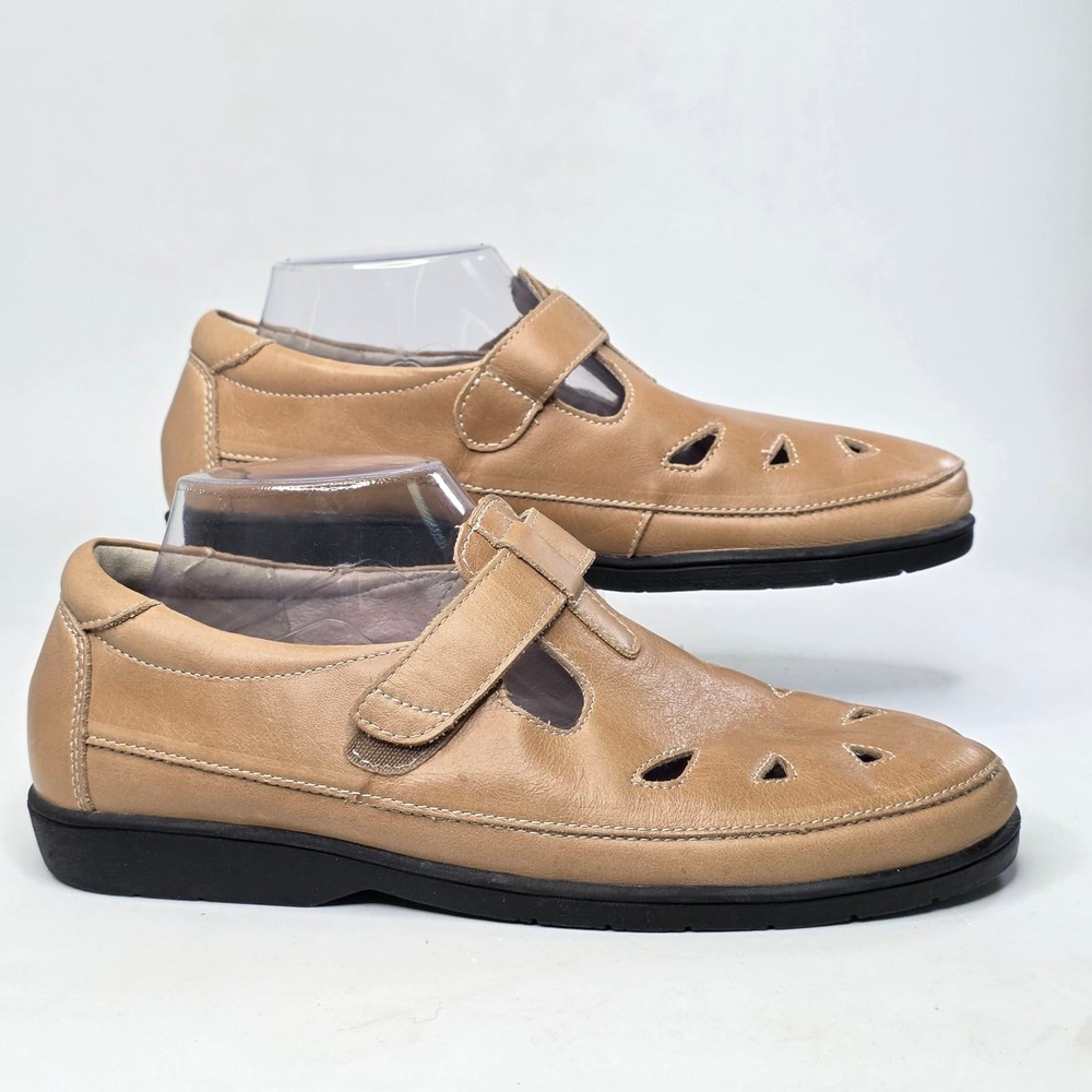 Propet Sandals Women's 9 N Tan Leather Laser Cut Walking Shoes Hook Loop Strap